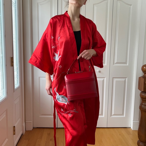 Vintage Light Salmon Pink Robe with Embroidered Crane & Chinese Characters - Picture 8 of 11